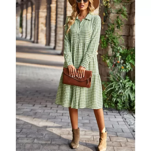 chouyatou Womens Plaid Button Down Shirt Dress Long Sleeve Gingham Midi Long DressFruit Green