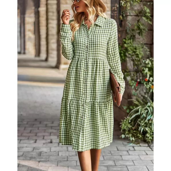 chouyatou Womens Plaid Button Down Shirt Dress Long Sleeve Gingham Midi Long DressFruit Green