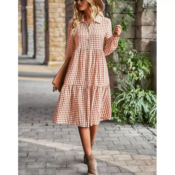 chouyatou Womens Plaid Button Down Shirt Dress Long Sleeve Gingham Midi Long DressOrange