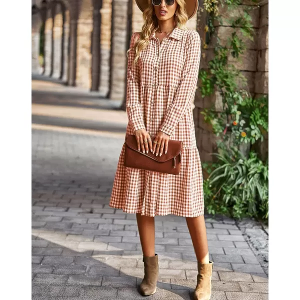 chouyatou Womens Plaid Button Down Shirt Dress Long Sleeve Gingham Midi Long DressOrange