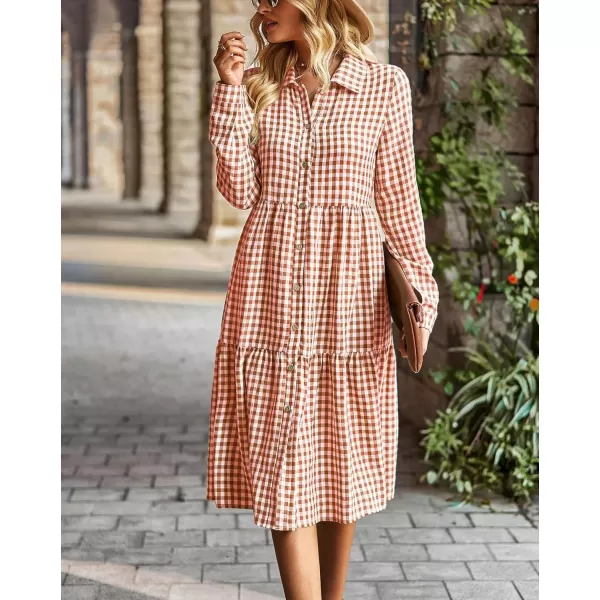 chouyatou Womens Plaid Button Down Shirt Dress Long Sleeve Gingham Midi Long DressOrange