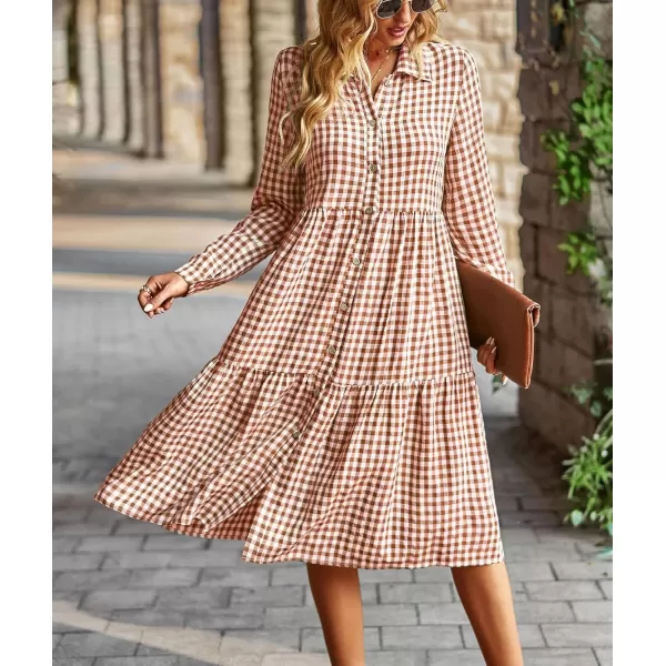 chouyatou Womens Plaid Button Down Shirt Dress Long Sleeve Gingham Midi Long DressOrange