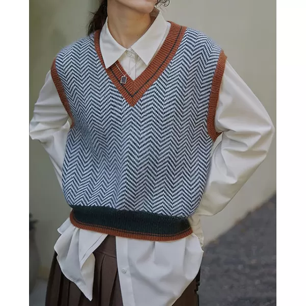chouyatou Womens Sleeveless Wavy Stripes V Neck Sweater Vest Color Block Pullover Knitwear Tank TopsBlue Striped