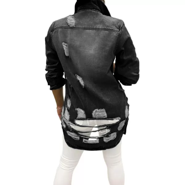 chouyatou Womens Spring Fall Wear Ripped Hole Casual Mid Long Denim Jacket CoatBlack