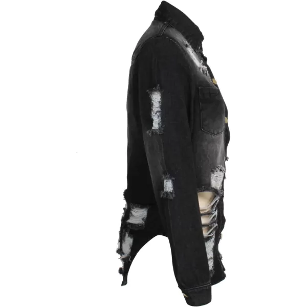 chouyatou Womens Spring Fall Wear Ripped Hole Casual Mid Long Denim Jacket CoatBlack