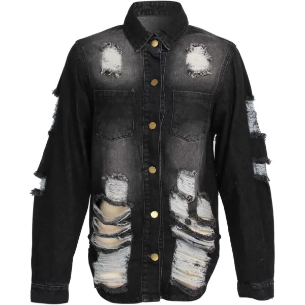chouyatou Womens Spring Fall Wear Ripped Hole Casual Mid Long Denim Jacket CoatBlack