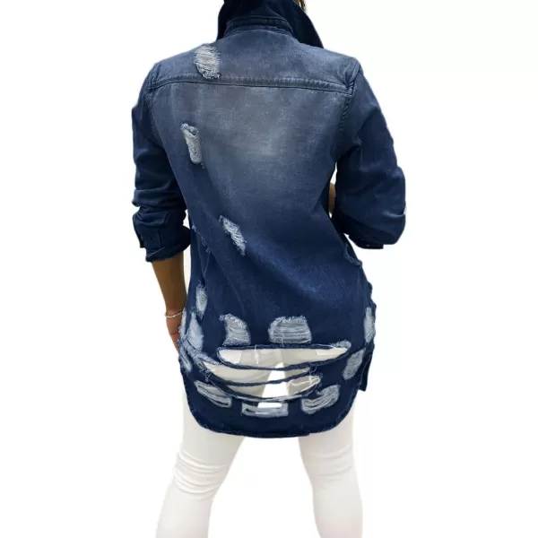 chouyatou Womens Spring Fall Wear Ripped Hole Casual Mid Long Denim Jacket CoatDark Blue