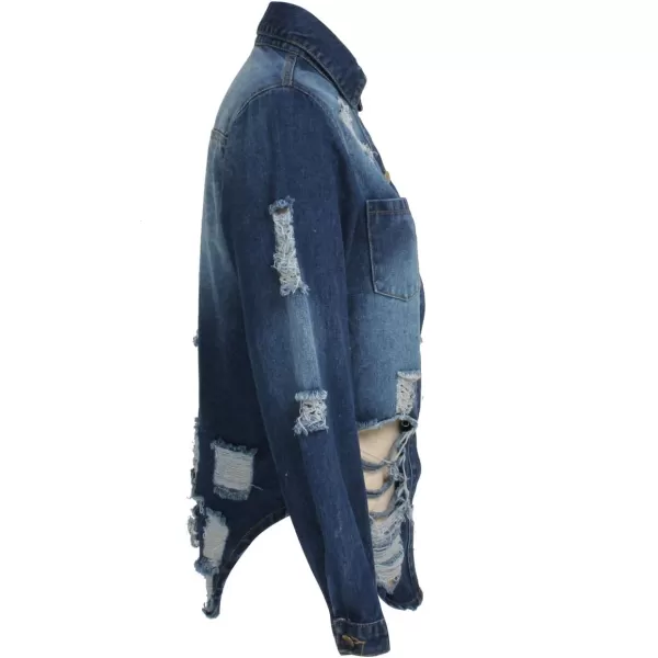 chouyatou Womens Spring Fall Wear Ripped Hole Casual Mid Long Denim Jacket CoatDark Blue