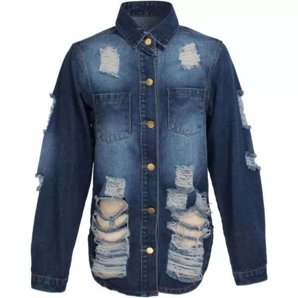 chouyatou Womens Spring Fall Wear Ripped Hole Casual Mid Long Denim Jacket CoatDark Blue