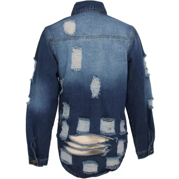chouyatou Womens Spring Fall Wear Ripped Hole Casual Mid Long Denim Jacket CoatDark Blue