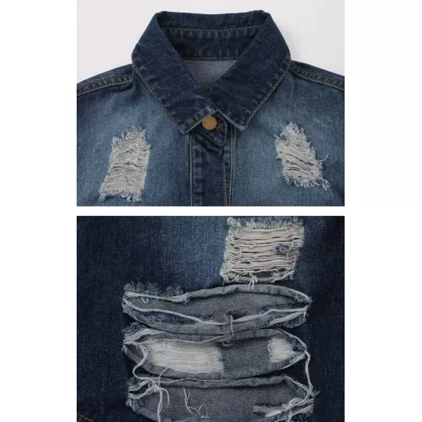 chouyatou Womens Spring Fall Wear Ripped Hole Casual Mid Long Denim Jacket CoatDark Blue