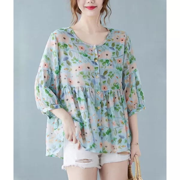chouyatou Womens Summer Cute Floral Print Button Down Babydoll Cotton Linen Blouse ShirtsBlue