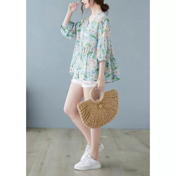 chouyatou Womens Summer Cute Floral Print Button Down Babydoll Cotton Linen Blouse ShirtsBlue