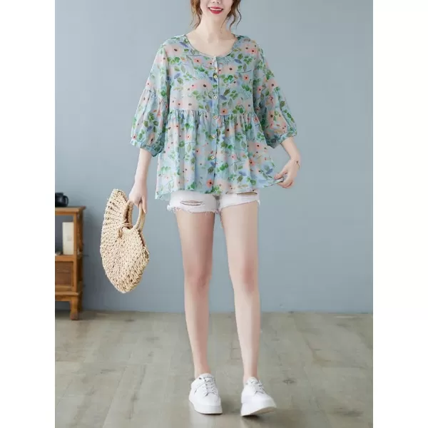 chouyatou Womens Summer Cute Floral Print Button Down Babydoll Cotton Linen Blouse ShirtsBlue