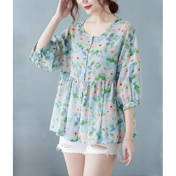 chouyatou Womens Summer Cute Floral Print Button Down Babydoll Cotton Linen Blouse ShirtsBlue
