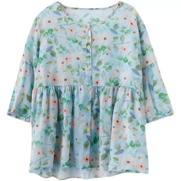 chouyatou Womens Summer Cute Floral Print Button Down Babydoll Cotton Linen Blouse ShirtsBlue