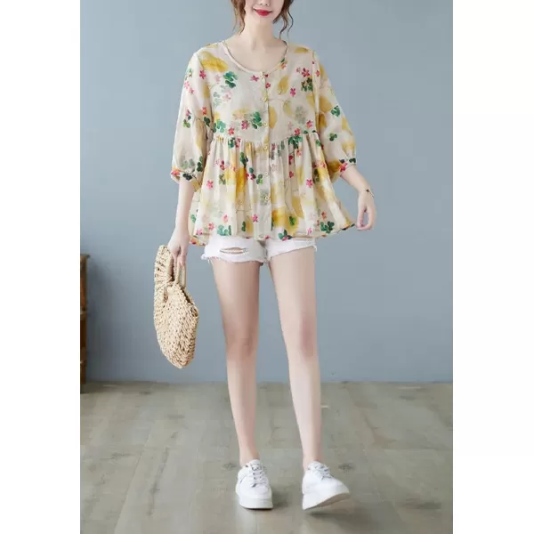 chouyatou Womens Summer Cute Floral Print Button Down Babydoll Cotton Linen Blouse ShirtsYellow