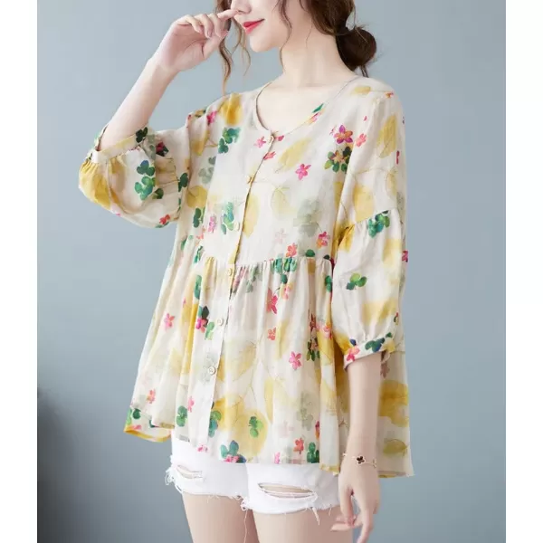 chouyatou Womens Summer Cute Floral Print Button Down Babydoll Cotton Linen Blouse ShirtsYellow