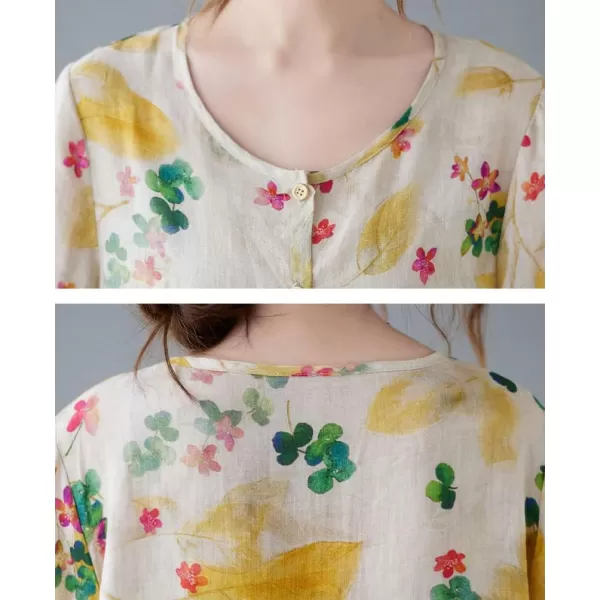 chouyatou Womens Summer Cute Floral Print Button Down Babydoll Cotton Linen Blouse ShirtsYellow