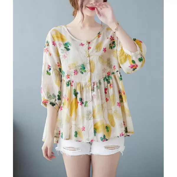 chouyatou Womens Summer Cute Floral Print Button Down Babydoll Cotton Linen Blouse ShirtsYellow