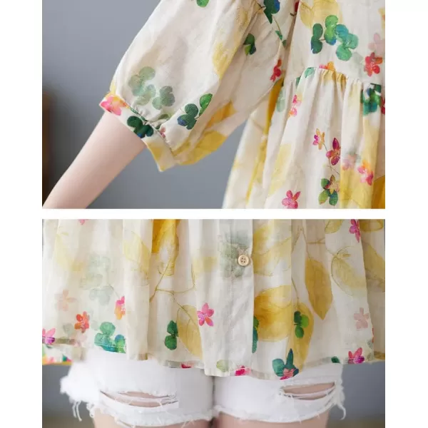 chouyatou Womens Summer Cute Floral Print Button Down Babydoll Cotton Linen Blouse ShirtsYellow