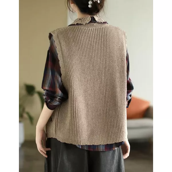 chouyatou Womens Vintage Flower Embroidered Lace Up Cable Knit Sleeveless Sweater VestKhaki