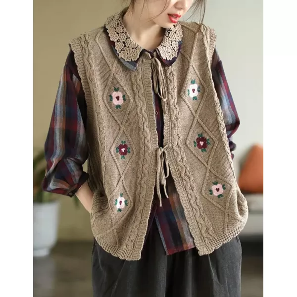 chouyatou Womens Vintage Flower Embroidered Lace Up Cable Knit Sleeveless Sweater VestKhaki