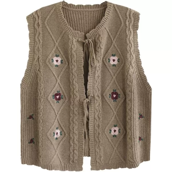 chouyatou Womens Vintage Flower Embroidered Lace Up Cable Knit Sleeveless Sweater VestKhaki