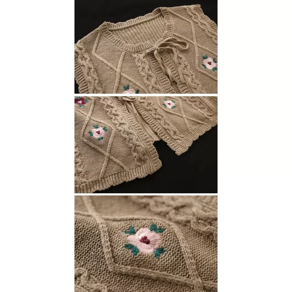 chouyatou Womens Vintage Flower Embroidered Lace Up Cable Knit Sleeveless Sweater VestKhaki