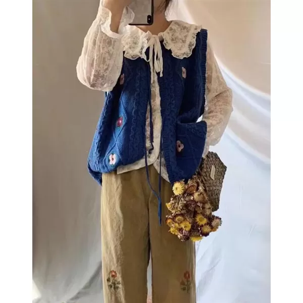 chouyatou Womens Vintage Flower Embroidered Lace Up Cable Knit Sleeveless Sweater VestNavy Blue