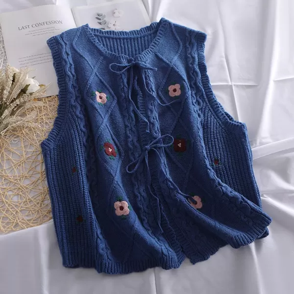 chouyatou Womens Vintage Flower Embroidered Lace Up Cable Knit Sleeveless Sweater VestNavy Blue