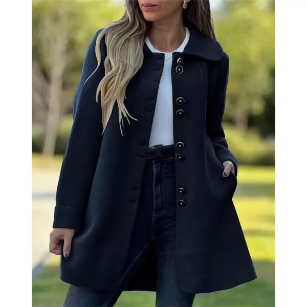 chouyatou Womens Winter Casual Lapel Collared Single Breasted Wool Pea Coat Elegant Wool Blend OvercoatBlack