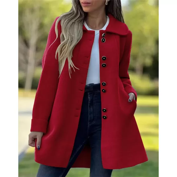 chouyatou Womens Winter Casual Lapel Collared Single Breasted Wool Pea Coat Elegant Wool Blend OvercoatRed