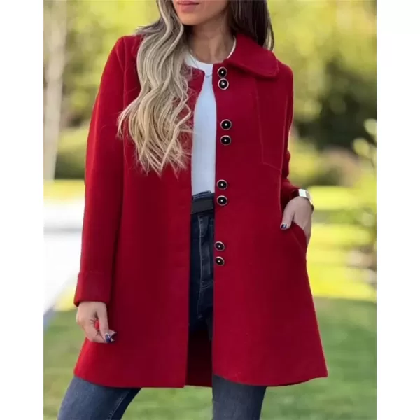 chouyatou Womens Winter Casual Lapel Collared Single Breasted Wool Pea Coat Elegant Wool Blend OvercoatRed