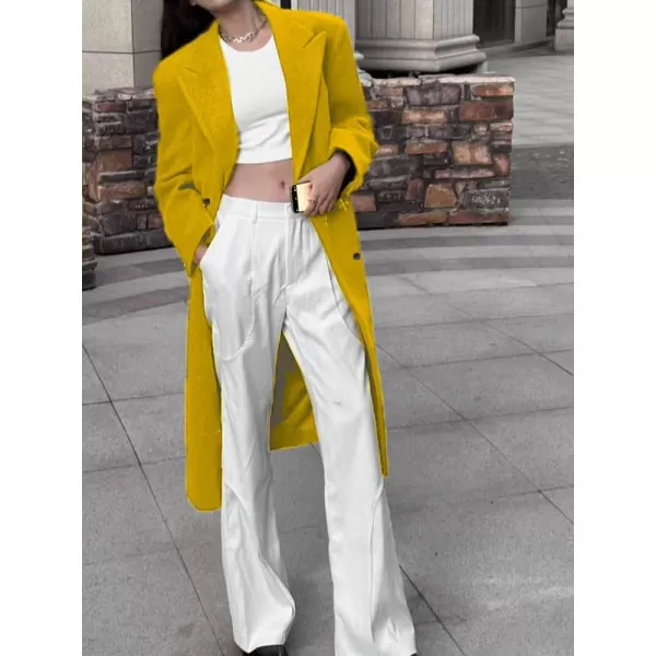 chouyatou Womens Winter Double Breasted Wool Pea Coat Elegant Lapel Office Work Wool Blend OvercoatYellow
