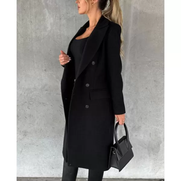 chouyatou Womens Winter Wool Coat Double Breasted Lapel Long Pea Coat OvercoatBlack