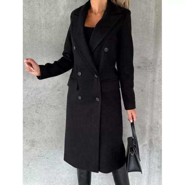 chouyatou Womens Winter Wool Coat Double Breasted Lapel Long Pea Coat OvercoatBlack