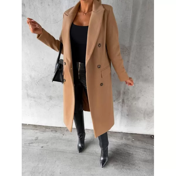 chouyatou Womens Winter Wool Coat Double Breasted Lapel Long Pea Coat OvercoatKhaki