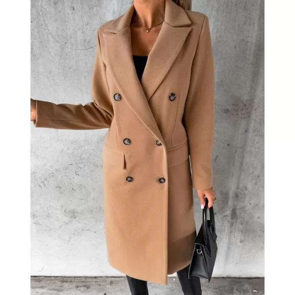 chouyatou Womens Winter Wool Coat Double Breasted Lapel Long Pea Coat OvercoatKhaki