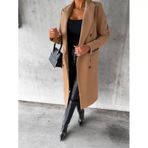 chouyatou Womens Winter Wool Coat Double Breasted Lapel Long Pea Coat OvercoatKhaki