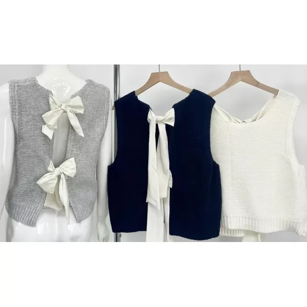 chouyatou Womens Y2K Backless Crop Sweater Vest Back Tie Knot Crewneck Sleeveless Knit Vest Tank TopsBeige