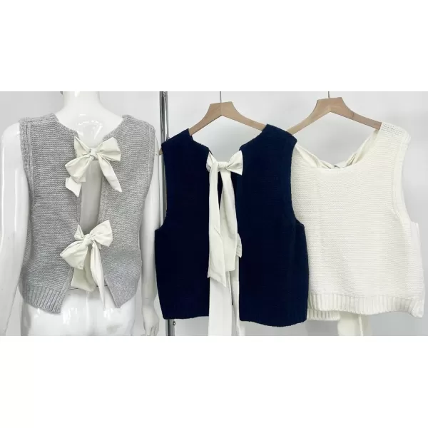 chouyatou Womens Y2K Backless Crop Sweater Vest Back Tie Knot Crewneck Sleeveless Knit Vest Tank TopsNavy