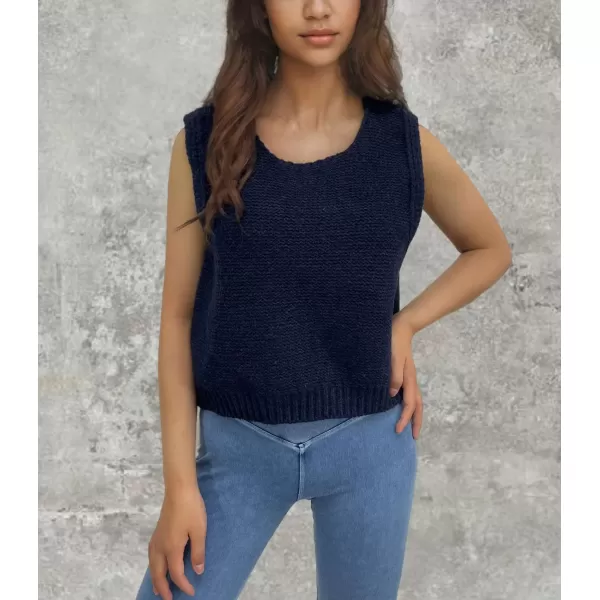 chouyatou Womens Y2K Backless Crop Sweater Vest Back Tie Knot Crewneck Sleeveless Knit Vest Tank TopsNavy