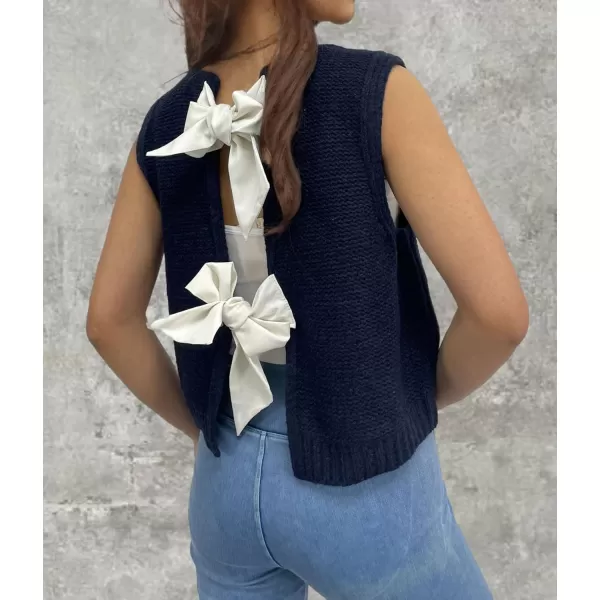 chouyatou Womens Y2K Backless Crop Sweater Vest Back Tie Knot Crewneck Sleeveless Knit Vest Tank TopsNavy
