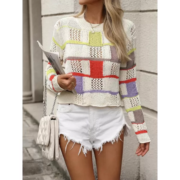 chouyatou Womens Y2k Striped Crochet Sweater Crop Top Boho Plaid Color Block Long Sleeve Sweater TopsApricot