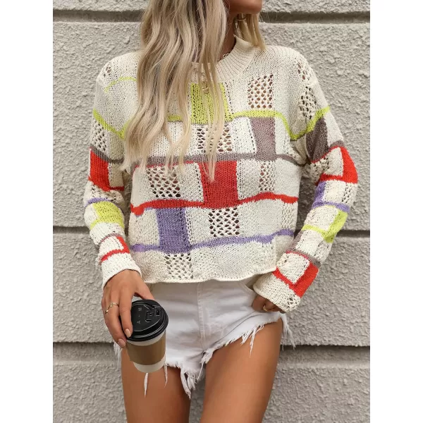 chouyatou Womens Y2k Striped Crochet Sweater Crop Top Boho Plaid Color Block Long Sleeve Sweater TopsApricot