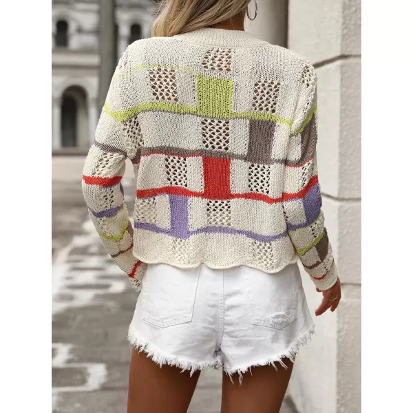 chouyatou Womens Y2k Striped Crochet Sweater Crop Top Boho Plaid Color Block Long Sleeve Sweater TopsApricot