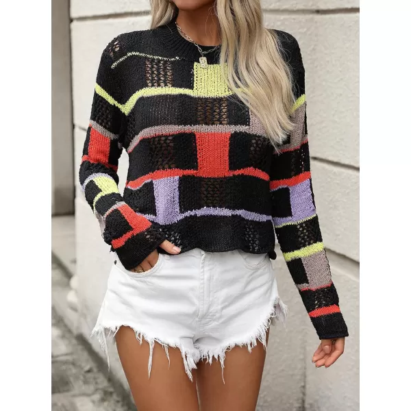 chouyatou Womens Y2k Striped Crochet Sweater Crop Top Boho Plaid Color Block Long Sleeve Sweater TopsBlack