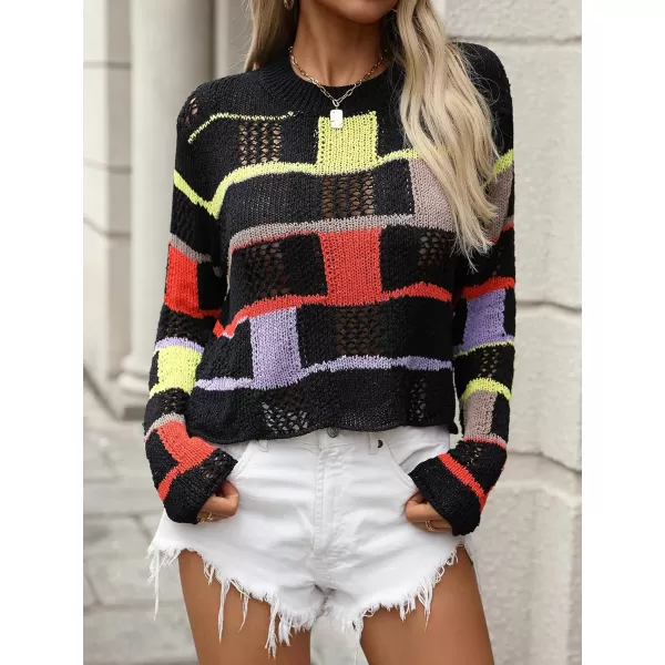 chouyatou Womens Y2k Striped Crochet Sweater Crop Top Boho Plaid Color Block Long Sleeve Sweater TopsBlack