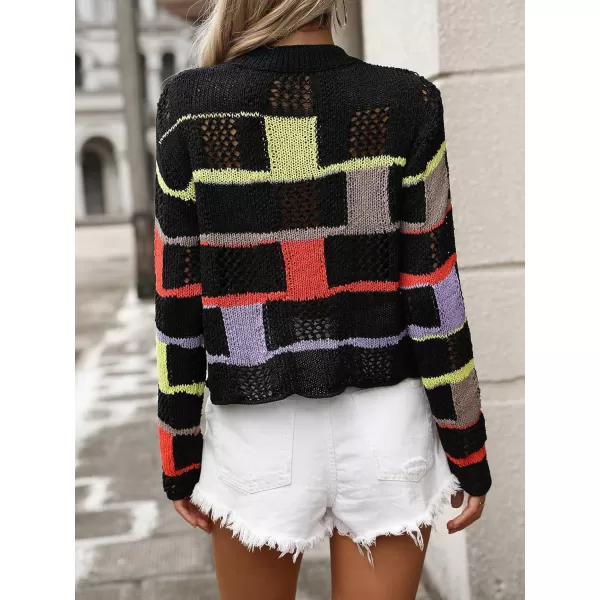 chouyatou Womens Y2k Striped Crochet Sweater Crop Top Boho Plaid Color Block Long Sleeve Sweater TopsBlack
